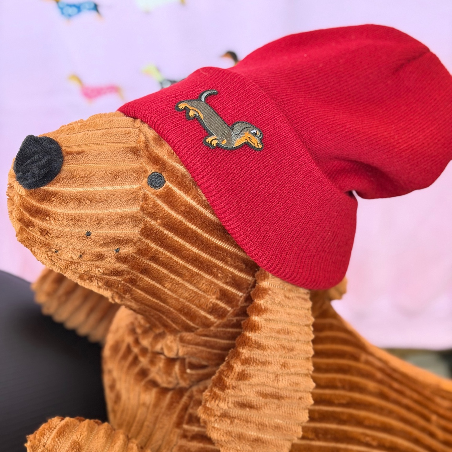 Dachshund Beanie Hat – Embroidered Wiener Dog Knit Cap for Dog Lovers (Unisex, Red)