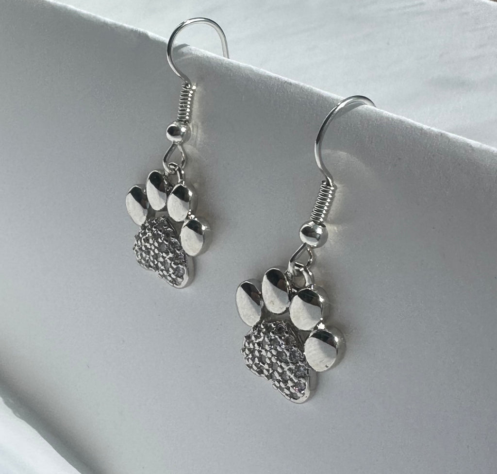 Silver Paw Print Earrings • Heart Paw Dangle Earrings • Dog Mom Jewelry Gift • Pet Lover Earrings