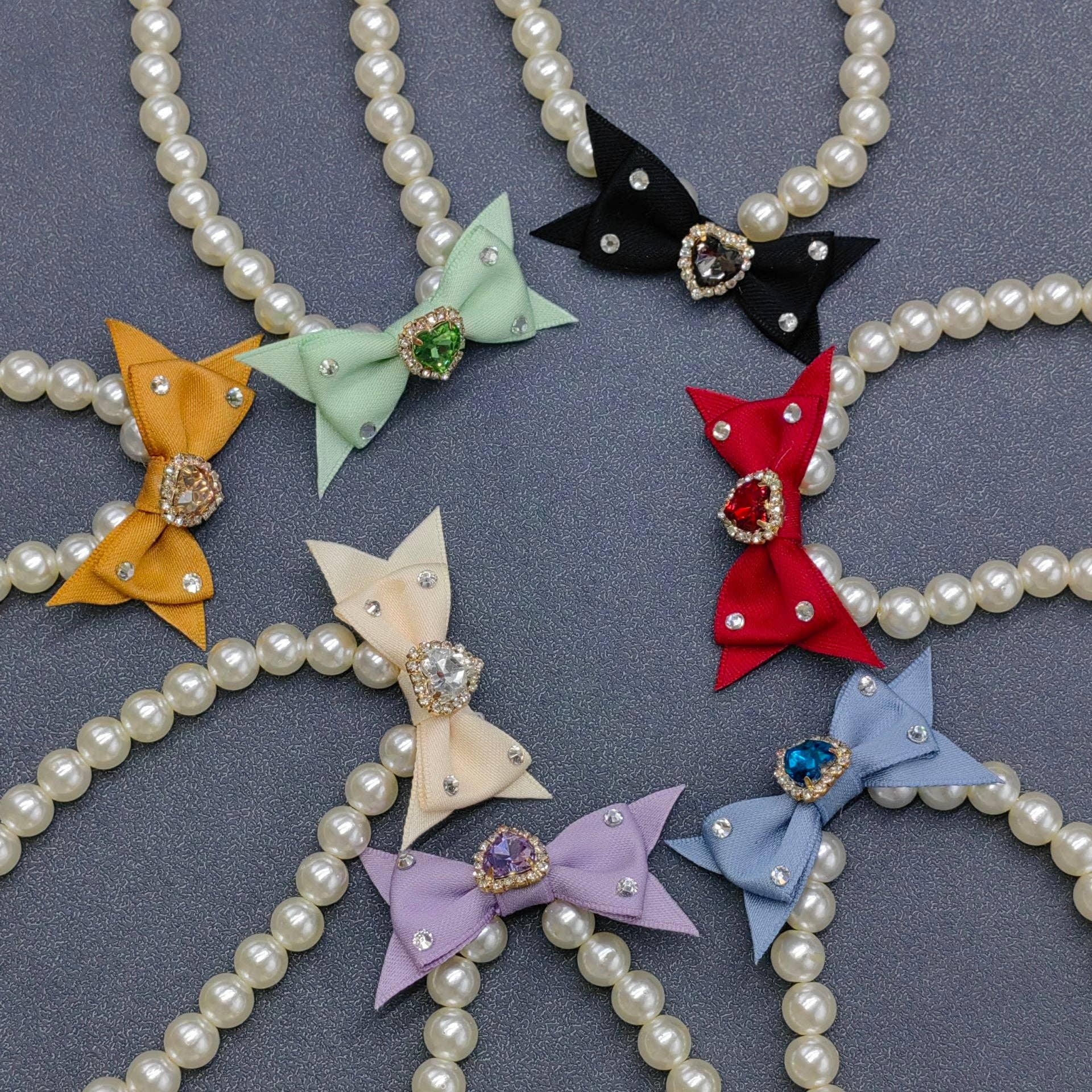 Rhinestone Heart Bow Charm Pearl Beaded Cat Dog Pet Collar