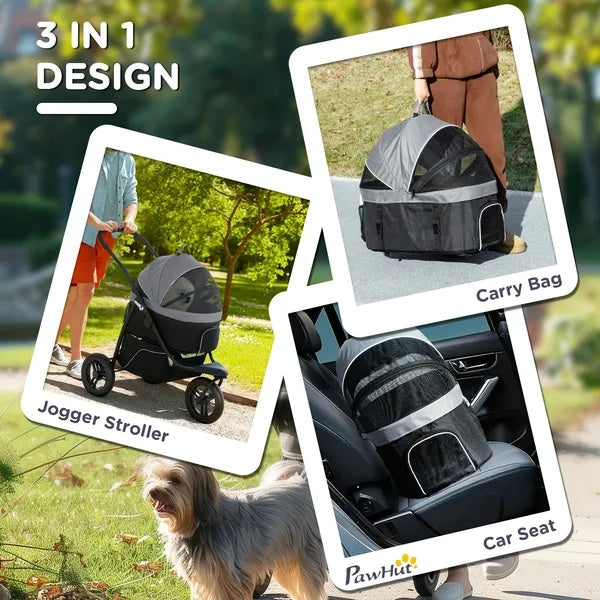 3 In 1 Pet Jogging Stroller For Small Dogs And Cats With Detachable Carrier, Storage Basket, Gray