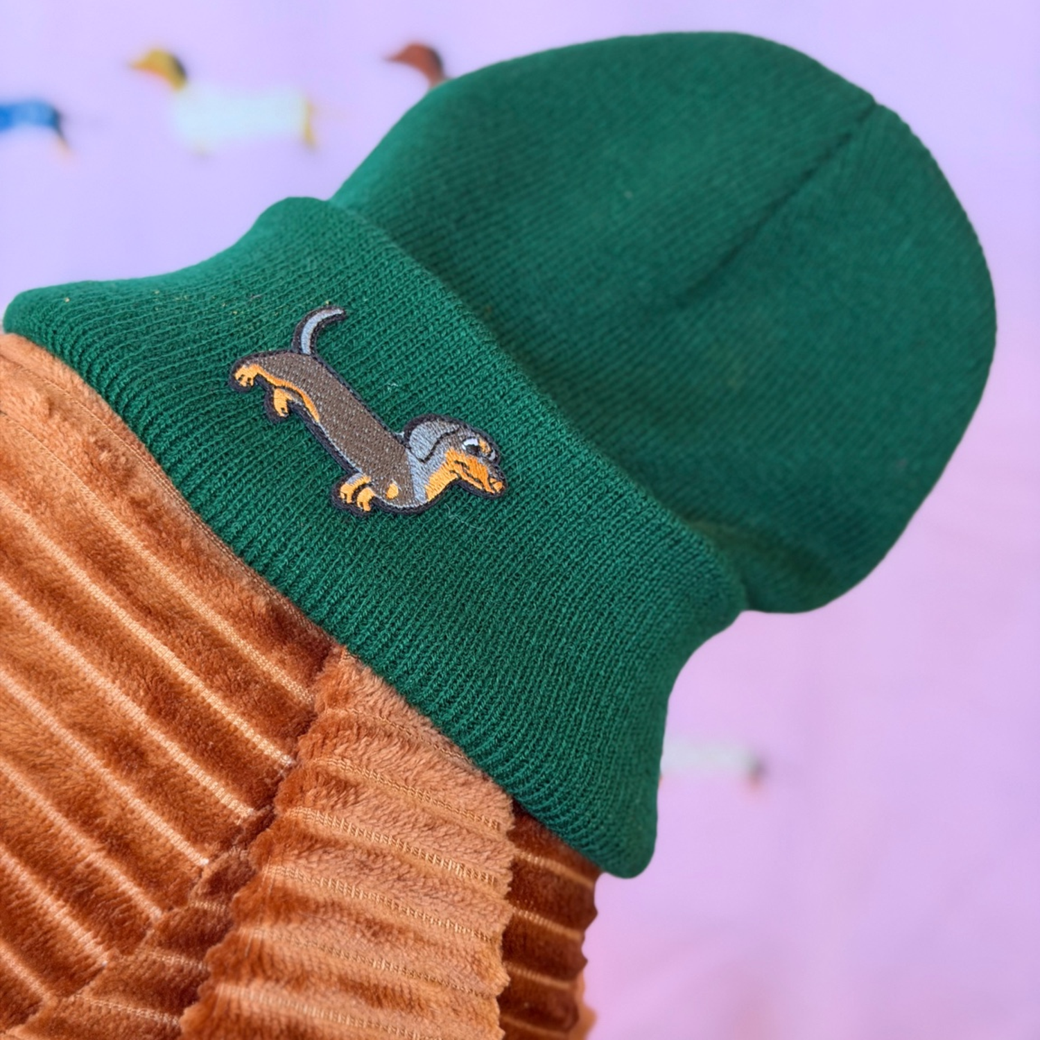 Dachshund Beanie Hat – Embroidered Wiener Dog Knit Cap for Dog Lovers (Unisex, Green)