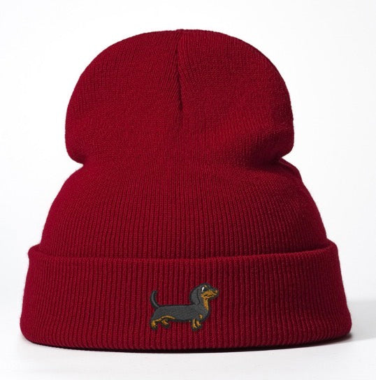 Dachshund Beanie Hat – Embroidered Wiener Dog Knit Cap for Dog Lovers (Unisex, Red)