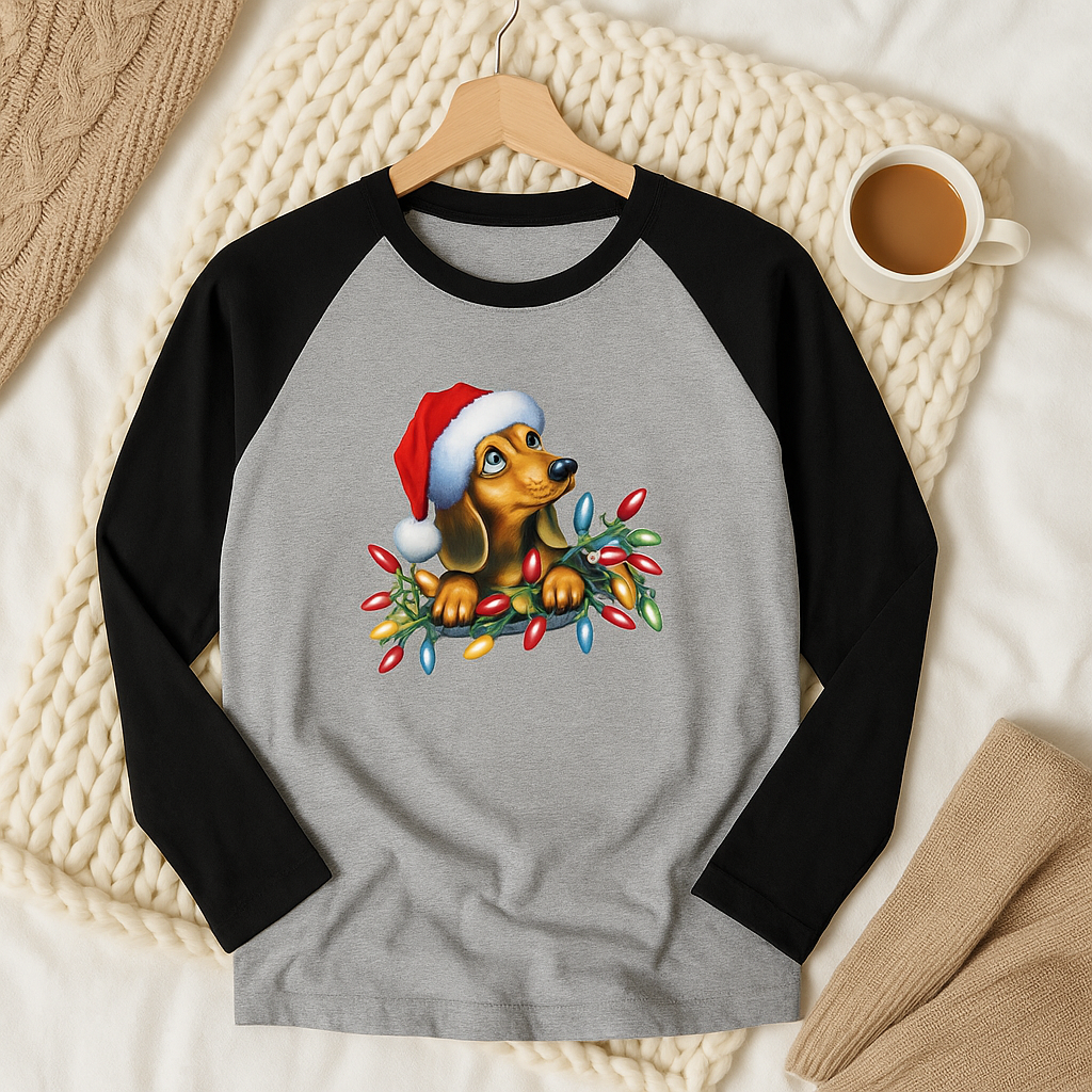 Christmas Dachshund Shirt | Wiener Dog Holiday Lights Raglan | Sausage Dog Christmas Gift