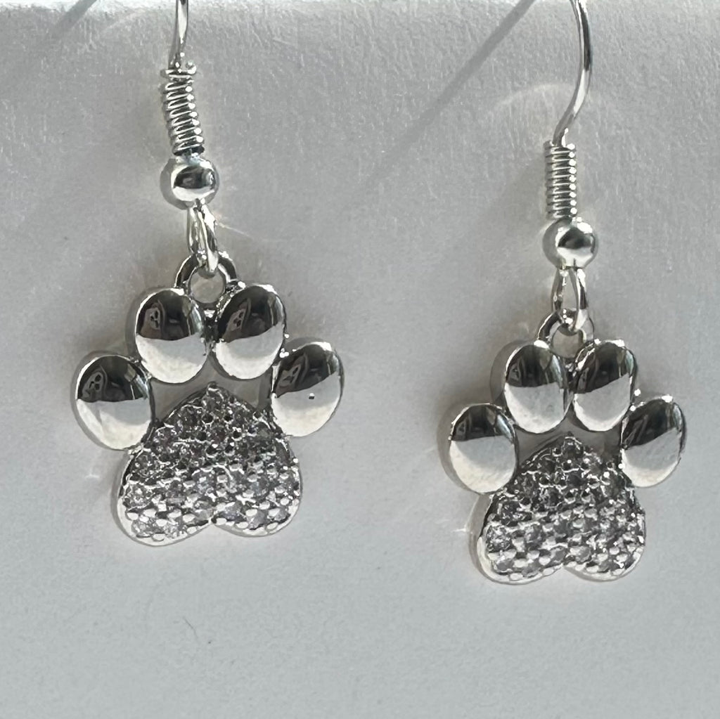 Silver Paw Print Earrings • Heart Paw Dangle Earrings • Dog Mom Jewelry Gift • Pet Lover Earrings