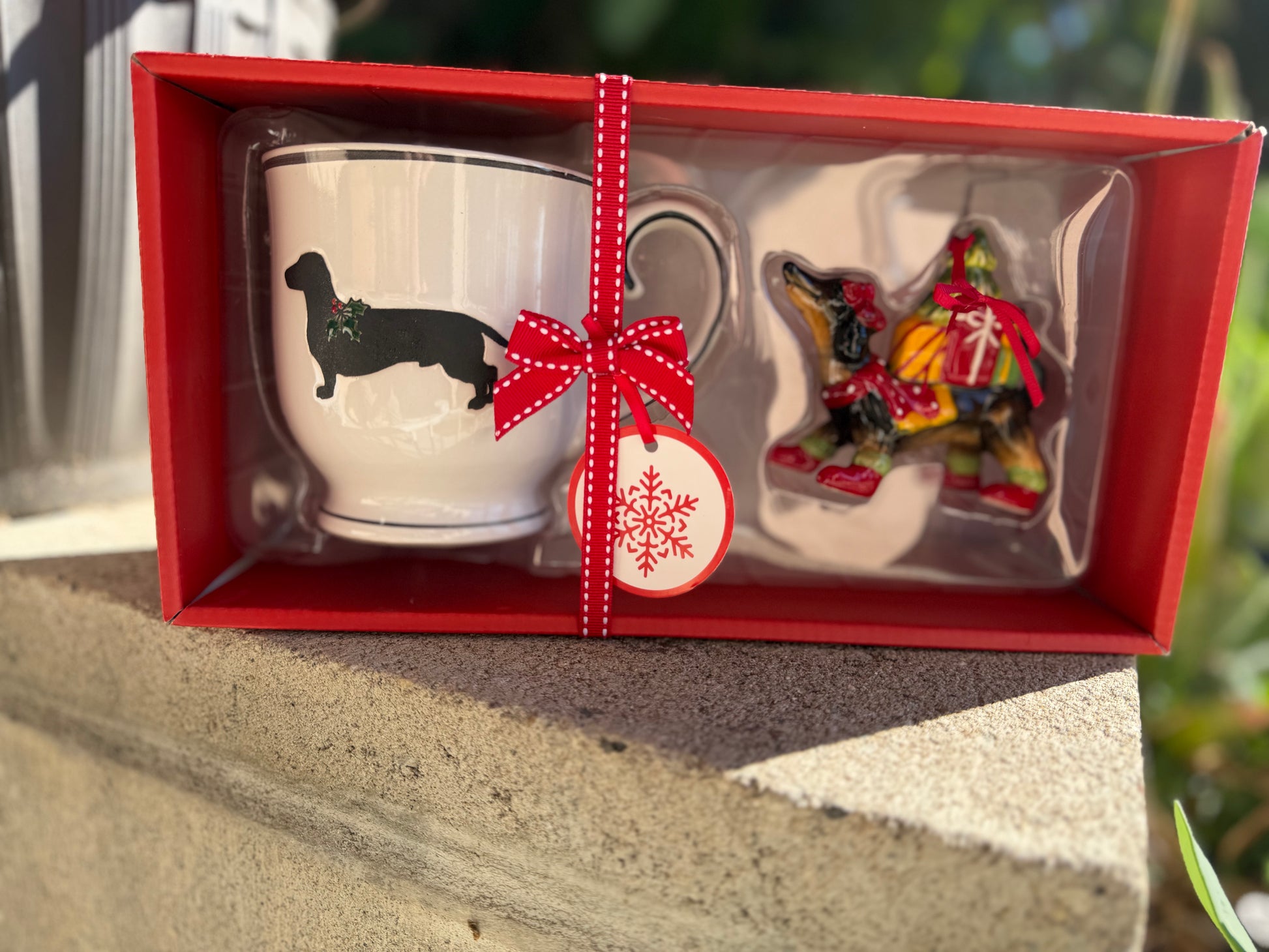 Dachshund Holiday Mug + Ornament Set – Festive Wiener Dog Cup & Collectible Christmas Figurine
