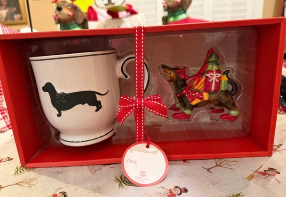 Dachshund Holiday Mug + Ornament Set – Festive Wiener Dog Cup & Collectible Christmas Figurine