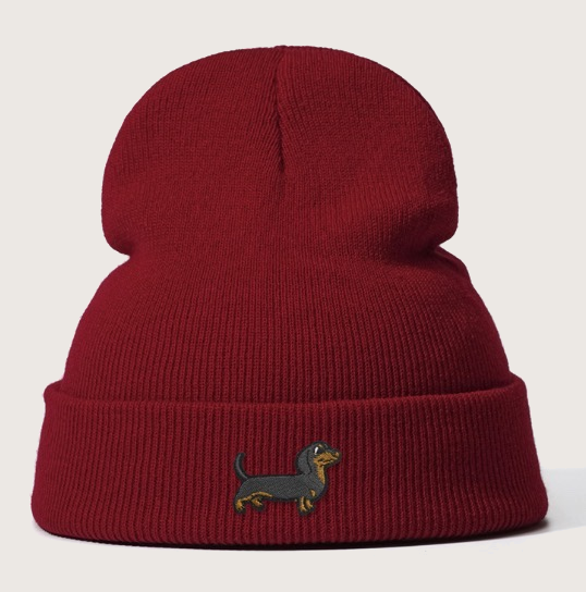 Dachshund Beanie Hat – Embroidered Wiener Dog Knit Cap for Dog Lovers (Unisex, Red)