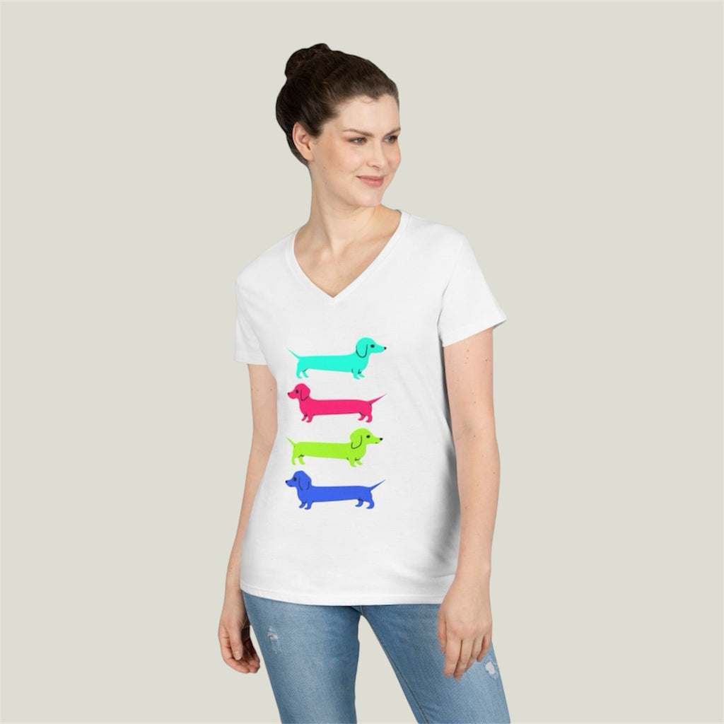 Colorful Dachshunds Ladies V-Neck Tee