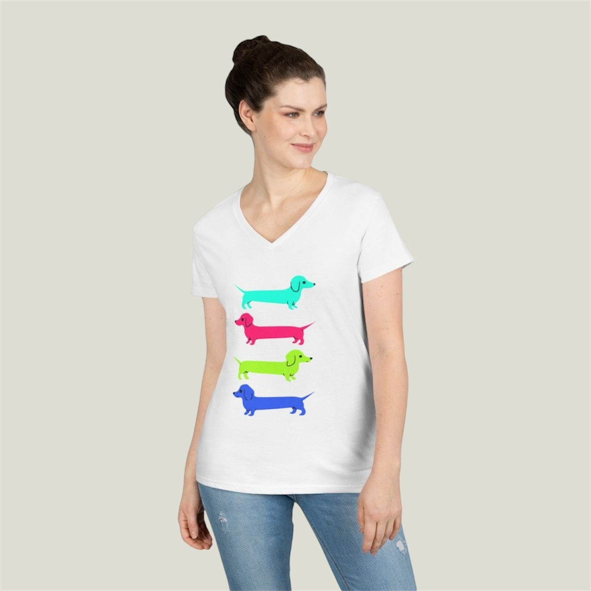 Colorful Dachshunds Ladies V-Neck Tee