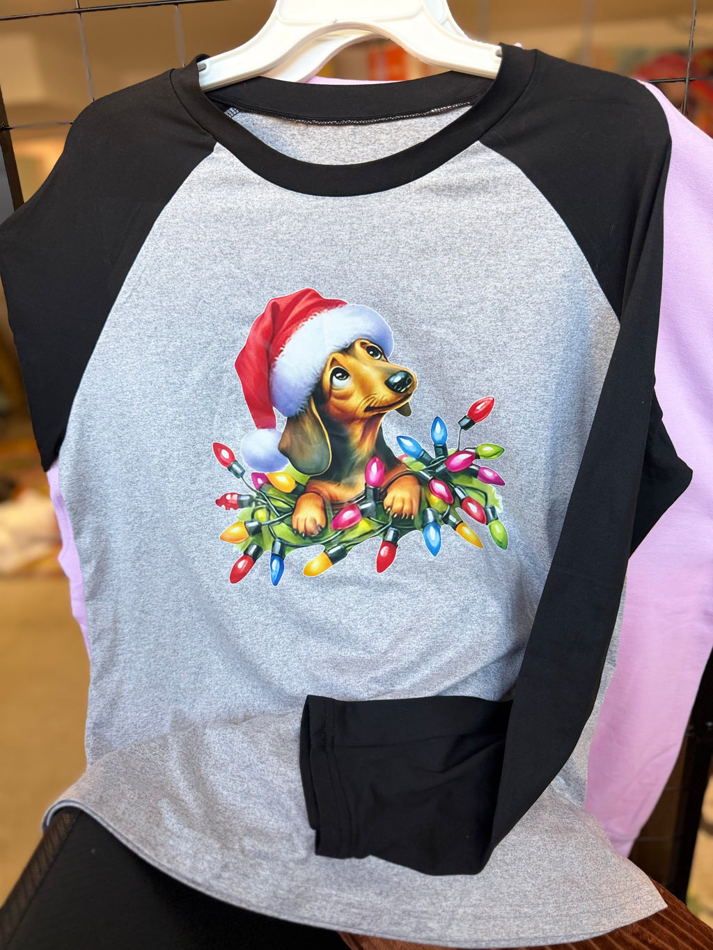 Christmas Dachshund Shirt | Wiener Dog Holiday Lights Raglan | Sausage Dog Christmas Gift
