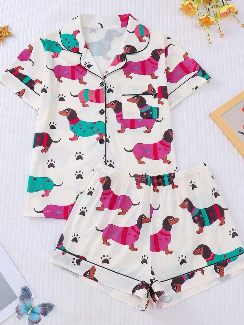 Colorful Dachshund Pajama Set – Women’s Short Sleeve Dog Lover PJs | Wiener Dog Sleepwear