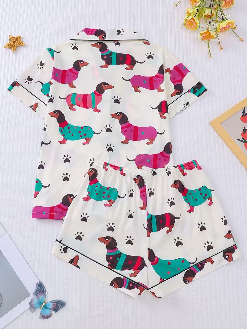 Colorful Dachshund Pajama Set – Women’s Short Sleeve Dog Lover PJs | Wiener Dog Sleepwear
