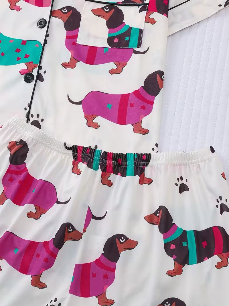 Colorful Dachshund Pajama Set – Women’s Short Sleeve Dog Lover PJs | Wiener Dog Sleepwear