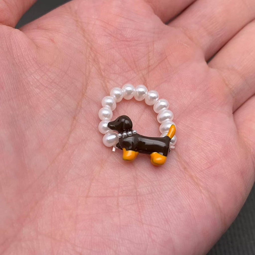 Ceramic Dachshund Dog Pearl Beaded Elastic Ring - YK