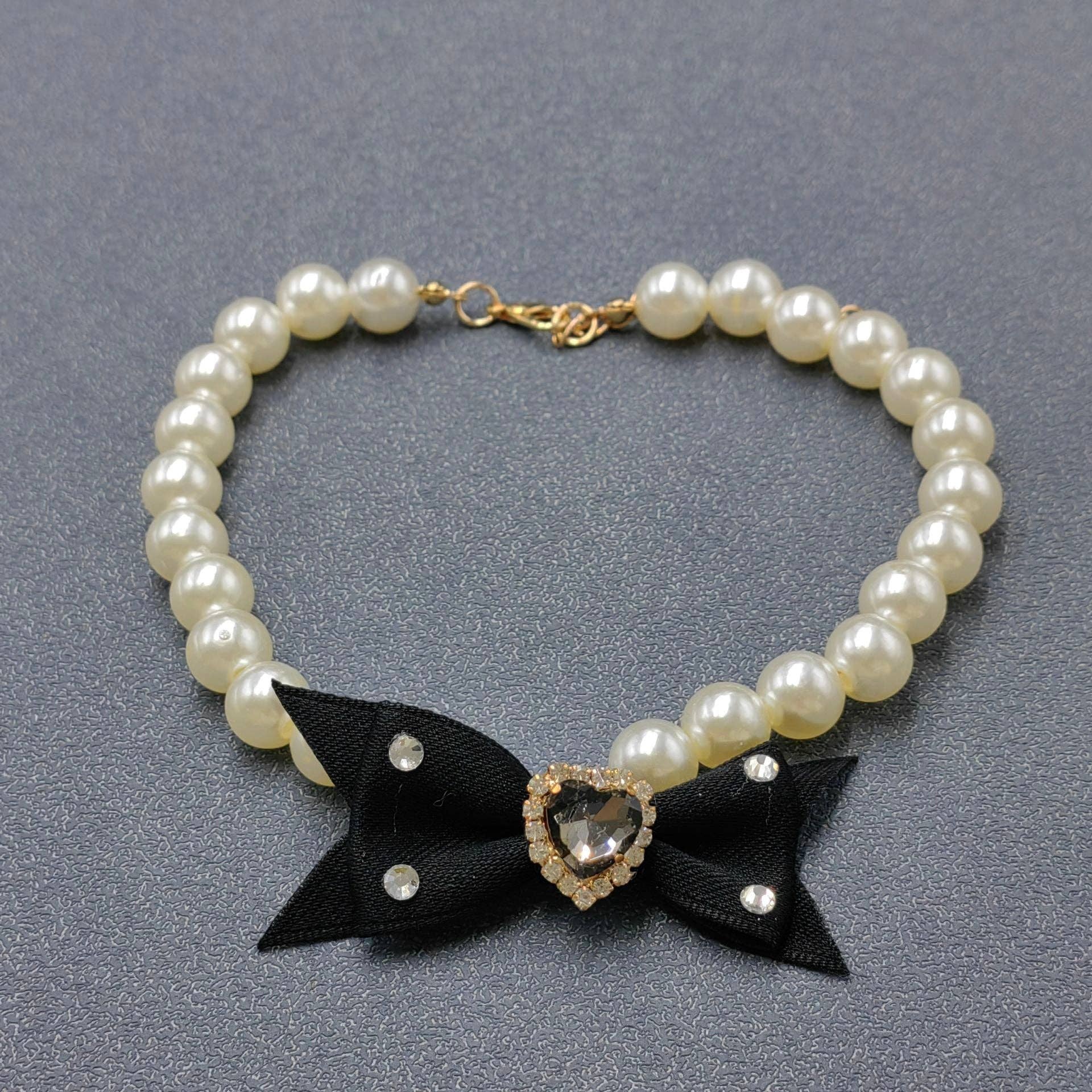 Rhinestone Heart Bow Charm Pearl Beaded Cat Dog Pet Collar