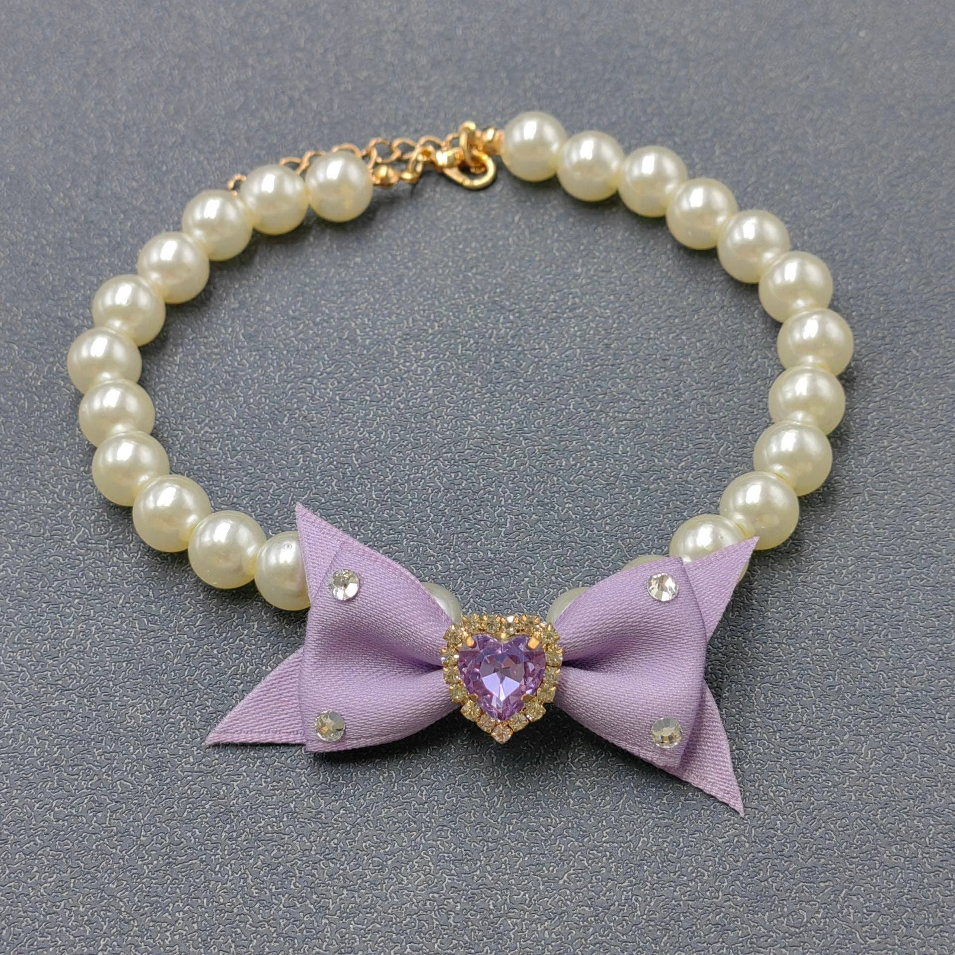 Rhinestone Heart Bow Charm Pearl Beaded Cat Dog Pet Collar